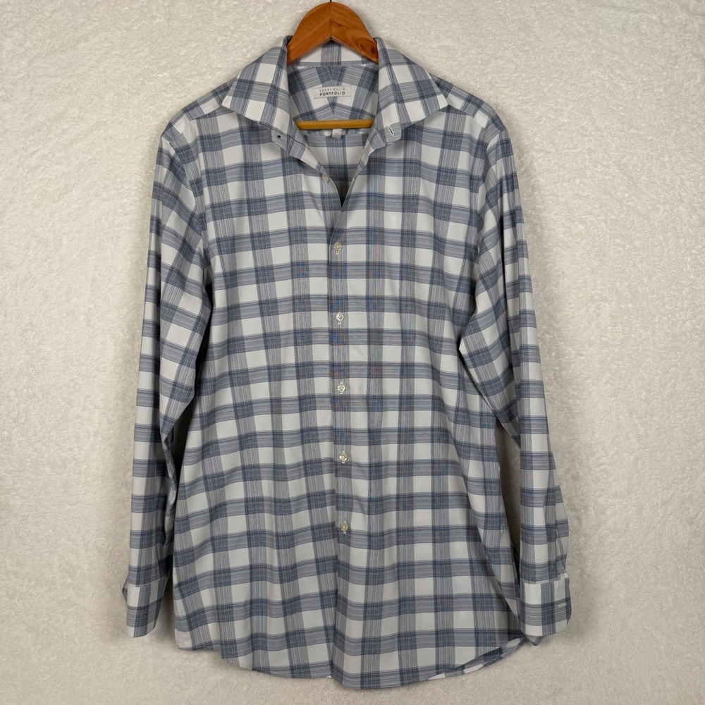Perry Ellis Portfolio Shirt Mens 16.5 34/35 Blue Plaid Long Sleeve Button Down
